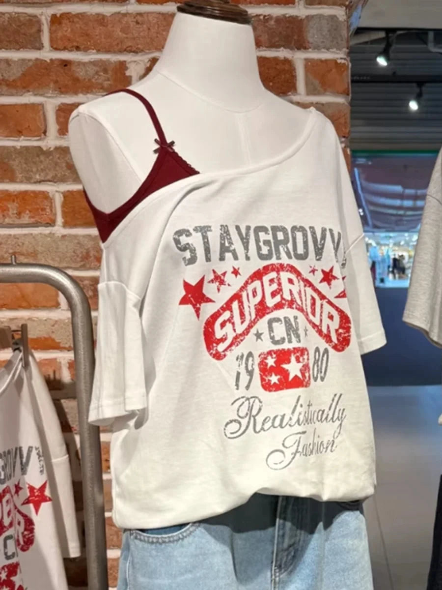 Letter Star Print Slash Neck T-shirts Women Summer New Sexy Cotton Slim Short Sleeve Tee Cute Sweet Preppy Style Tshirt Y2K Tops