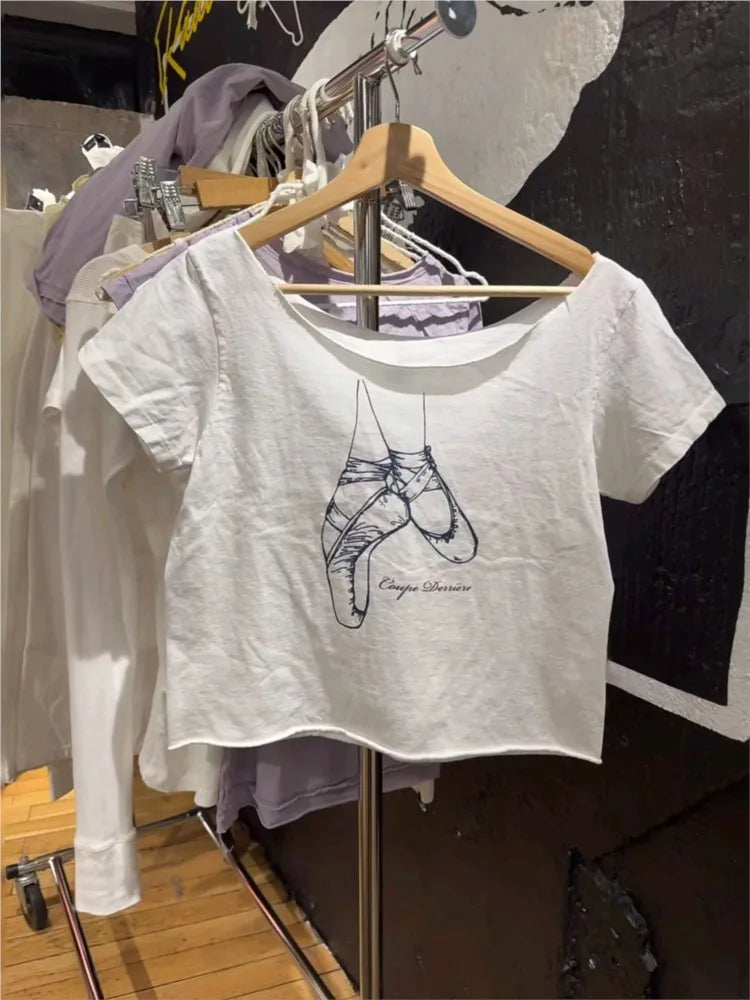 Raw Hem Slash Neck Crop Top Women Simple Ballet Shoes Print Slim Short Sleeve Tee Cute Sweet Preppy Style Cotton Tshirt Y2K
