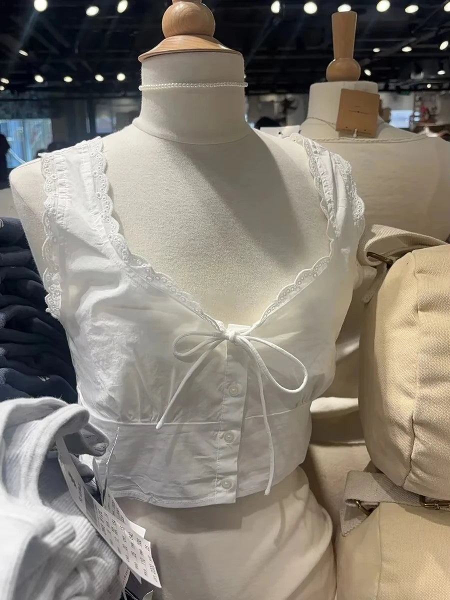 White Lace Trim Slim Tank Tops Women New Lace-up V-neck Single Breasted Sleeveless Crop Top Sweet Simple Basic Cropped Vest Y2K