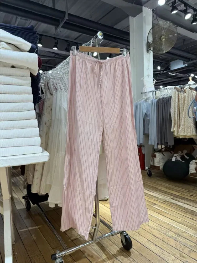 Pink Striped Drawstring Straight Sweatpants Women New Y2K Cotton Linen High Waist Trousers Sweet Preppy Style Sport Long Pants