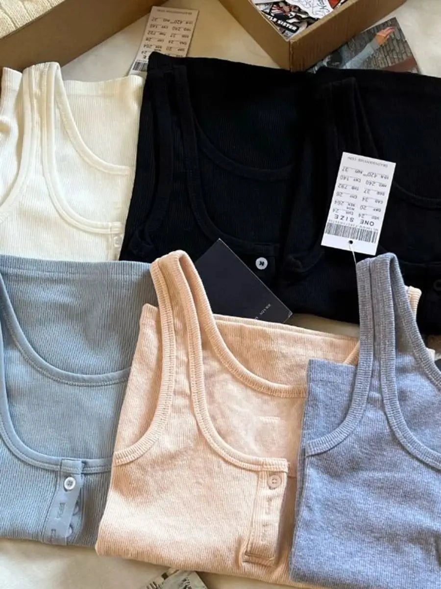 Ribbed Slim Tank Tops Woman Summer Solid Simple Cotton Three Buttons Sleeveless Top Female Casual Vintage Streetwear Y2k Vest