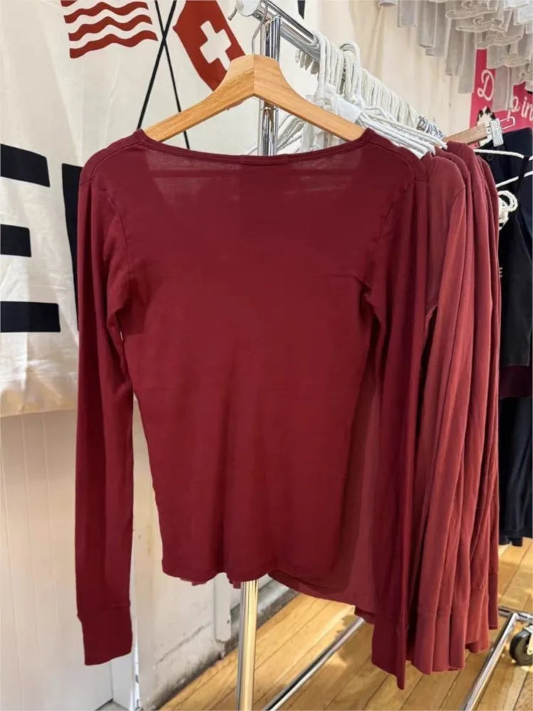 Burgundy Six Buttons T-shirt Woman Autumn Casual O-neck Cotton Slim Long Sleeve Tshirt Streetwear Vintage Simple Basic Tee Tops