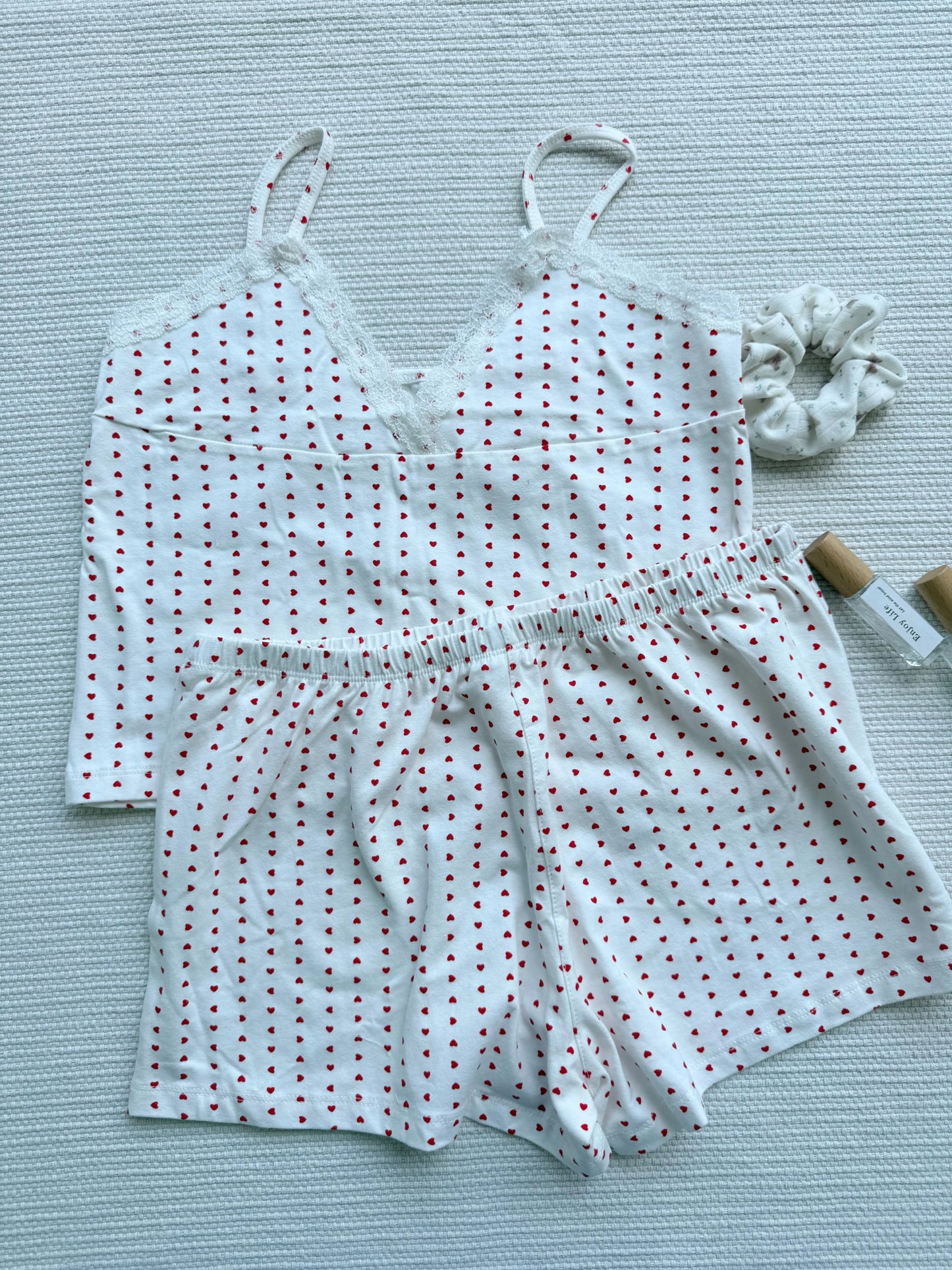 Cute Red Heart Print 2 piece Sets Women Summer Cotton Lace Trim V-neck Camisole+Short Pants Sweet Home Short Outfits Y2K