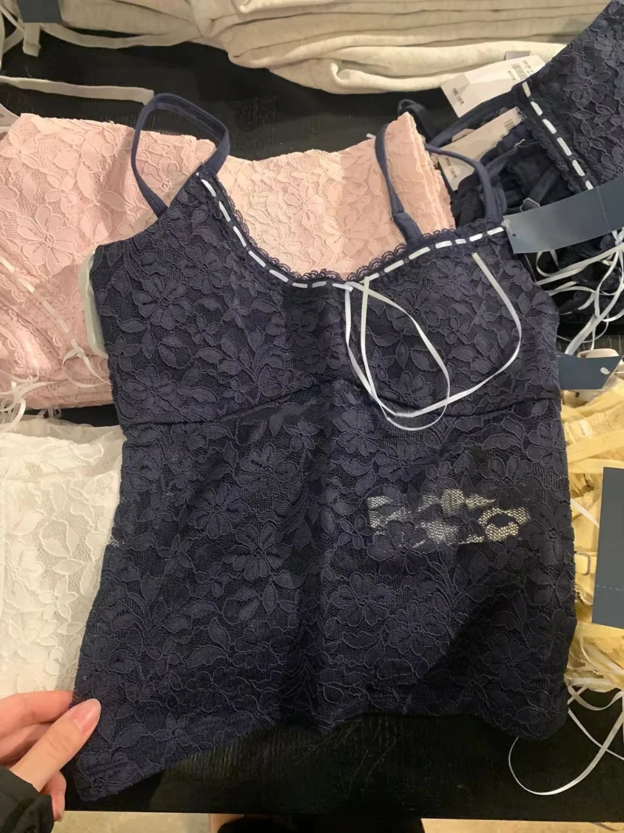 Floral Lace V-Neck Folds Slim Tank Top Women Summer Casual Sleeveless Thin Sleeveless Vest Sweet Vintage  Sexy Crop Tops Y2K New