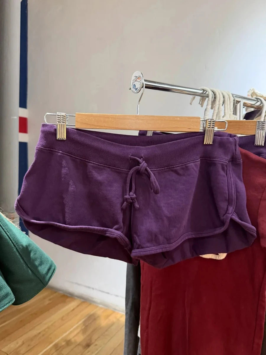 Purple Cotton Short Pant Women Simple Casual Elastic High Waist Casual SweatShorts Vintage Preppy Style Drawstring Bottoms Y2K