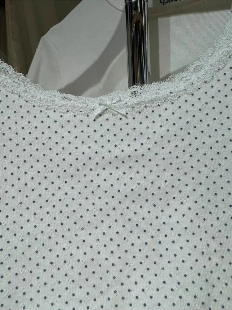 Vintage Dot Eyelet Slim Tank Top Women Summer Lace Trim Sleeveless Cotton Crop Tops Sweet Cute Preppy Style Cropped Camisole Y2K