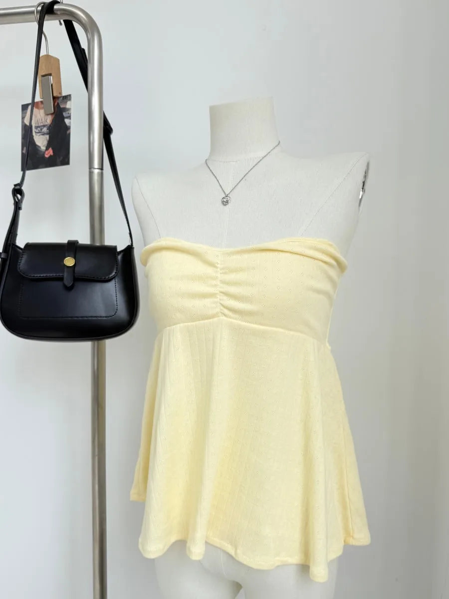 Butter Yellow Folds Tank Tops Woman Summer Casual Cotton Slim All-match Strapless Vest Cute Sweet Preppy Style Camisole Y2K New