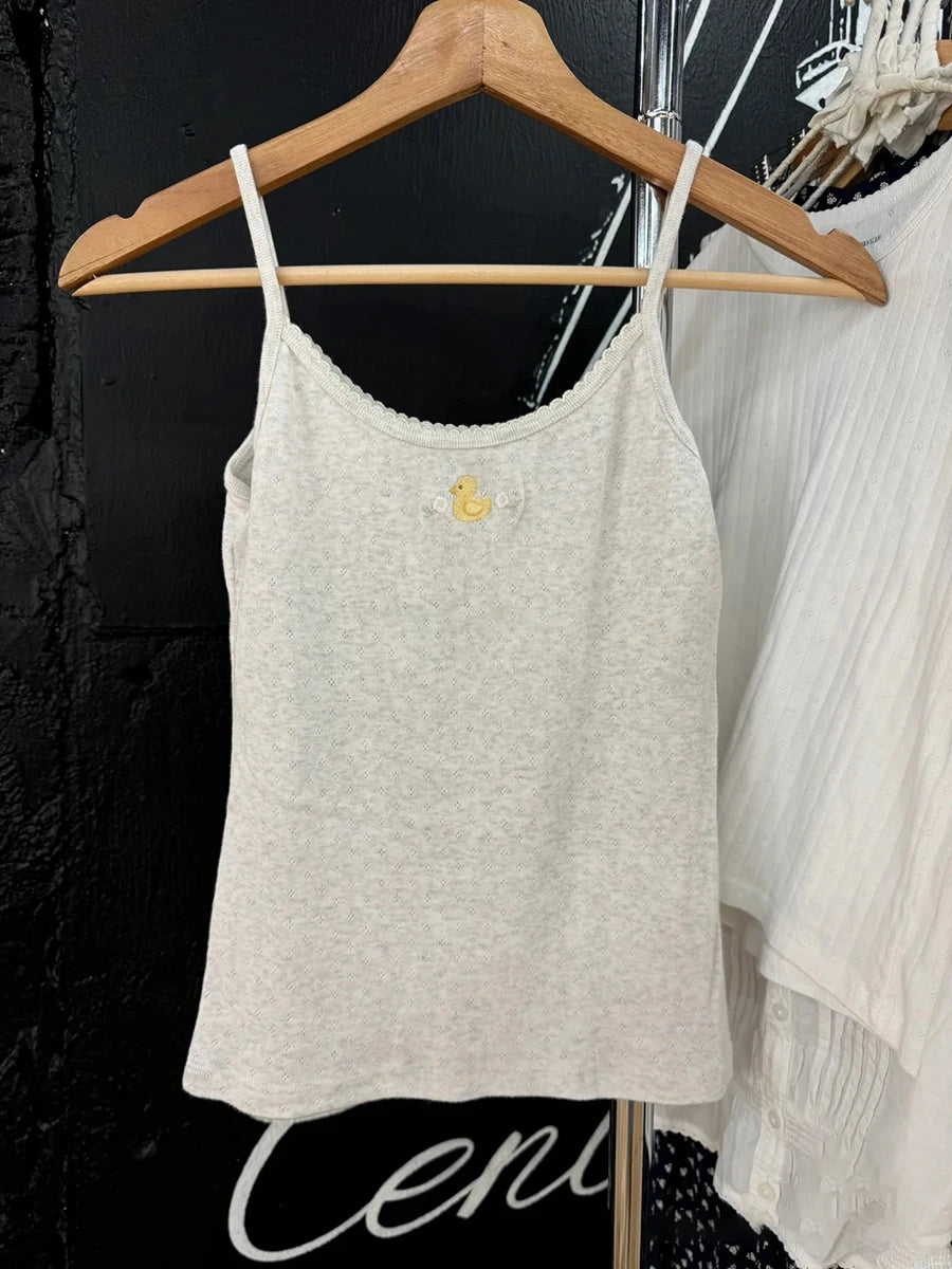 Lace Trim Red Floral Embroidery Crop Top Women White Cotton Slim Sleeveless Camisole Sweet Girls Cute Tank Tops Y2K Clothes New
