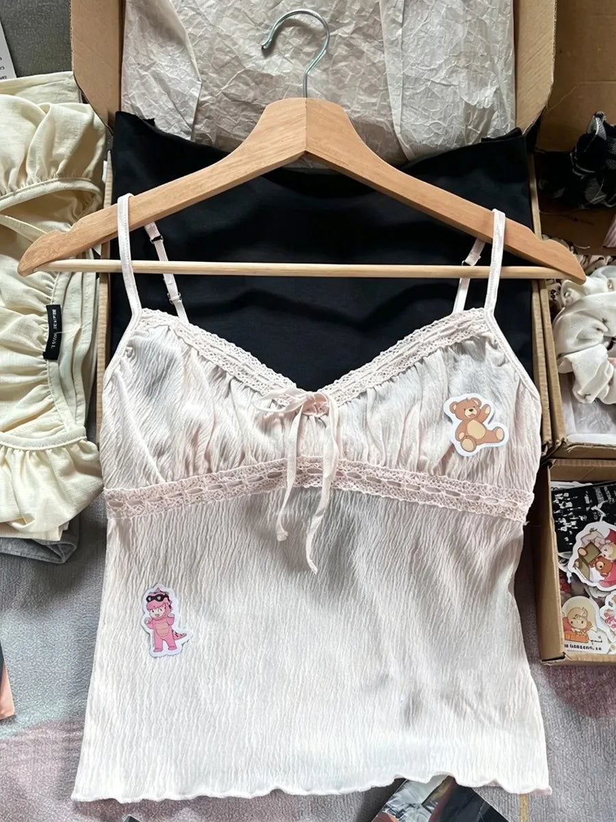 Solid Lace Trim V-neck Tank Tops Women Summer Casual Simple Lace-up Cotton Slim Sleeveless Vests Sweet Cute Elegant Camisole Y2K