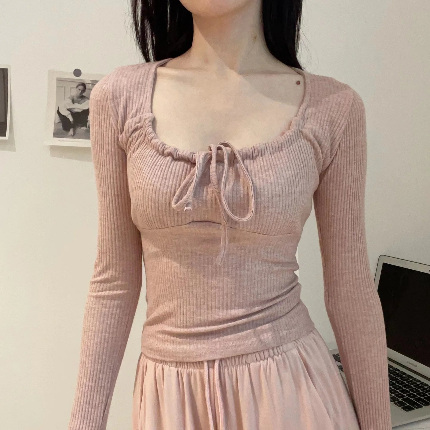 Sweet Lace-up Long Sleeve Tees Women New Casual Slim Solid Scoop Neck Streetwear Top shirt Vintage Preppy Style Cute T-shirt Y2K