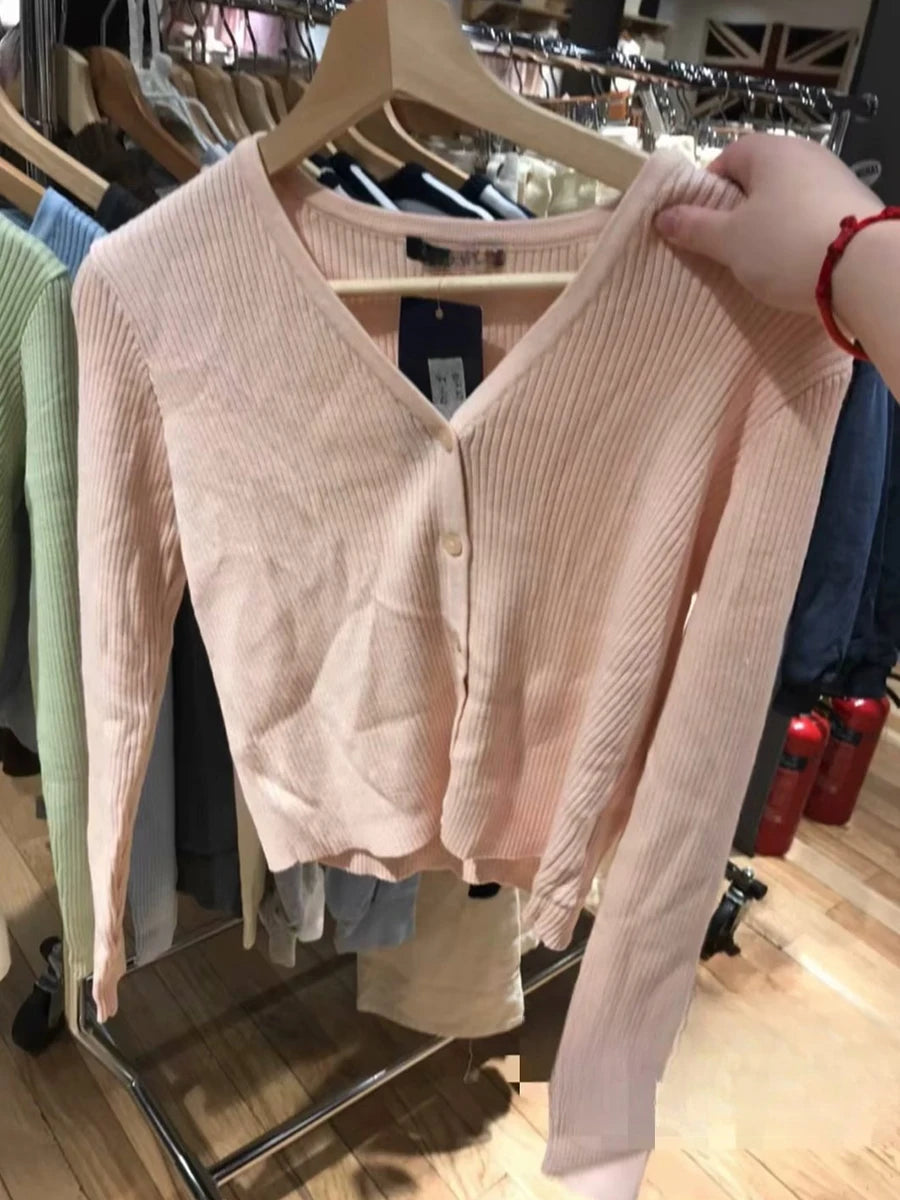 Pink Ribbed V-neck Sweater Coat Women Autumn Cotton Buttons Slim Basic Short Cardigan Vintage Sweet Cute Chic Y2K Jumpers Tops