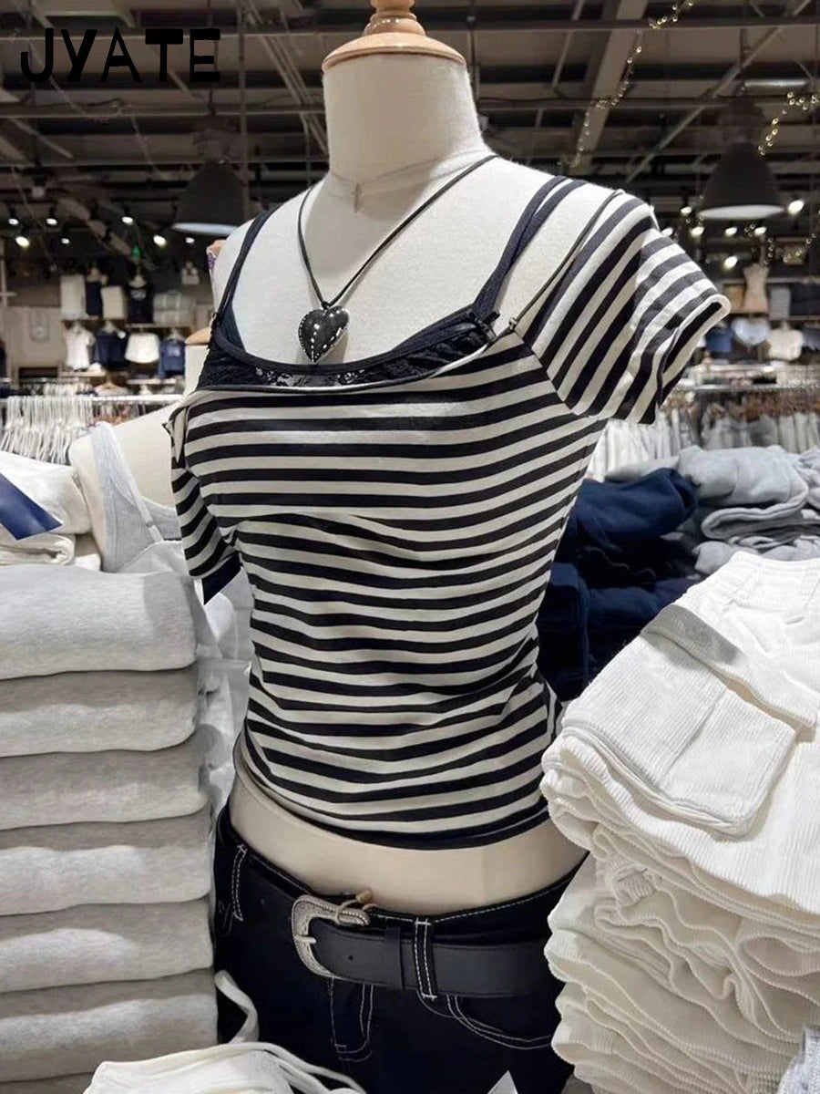 American Striped Slash Neck Slim Crop Tops Women 2024 New Cotton Soft Raw Hem  Short Sleeve Tees Vintage Sweet Chic T-shirts Y2K