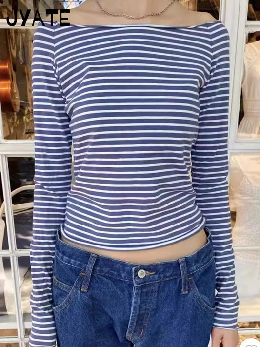 Blue Striped Slash Neck Long Sleeve Tees Women New Cotton Soft Casual Slim Raw Hem Tops Clothes Vintage Sweet Chic T-shirts Y2K