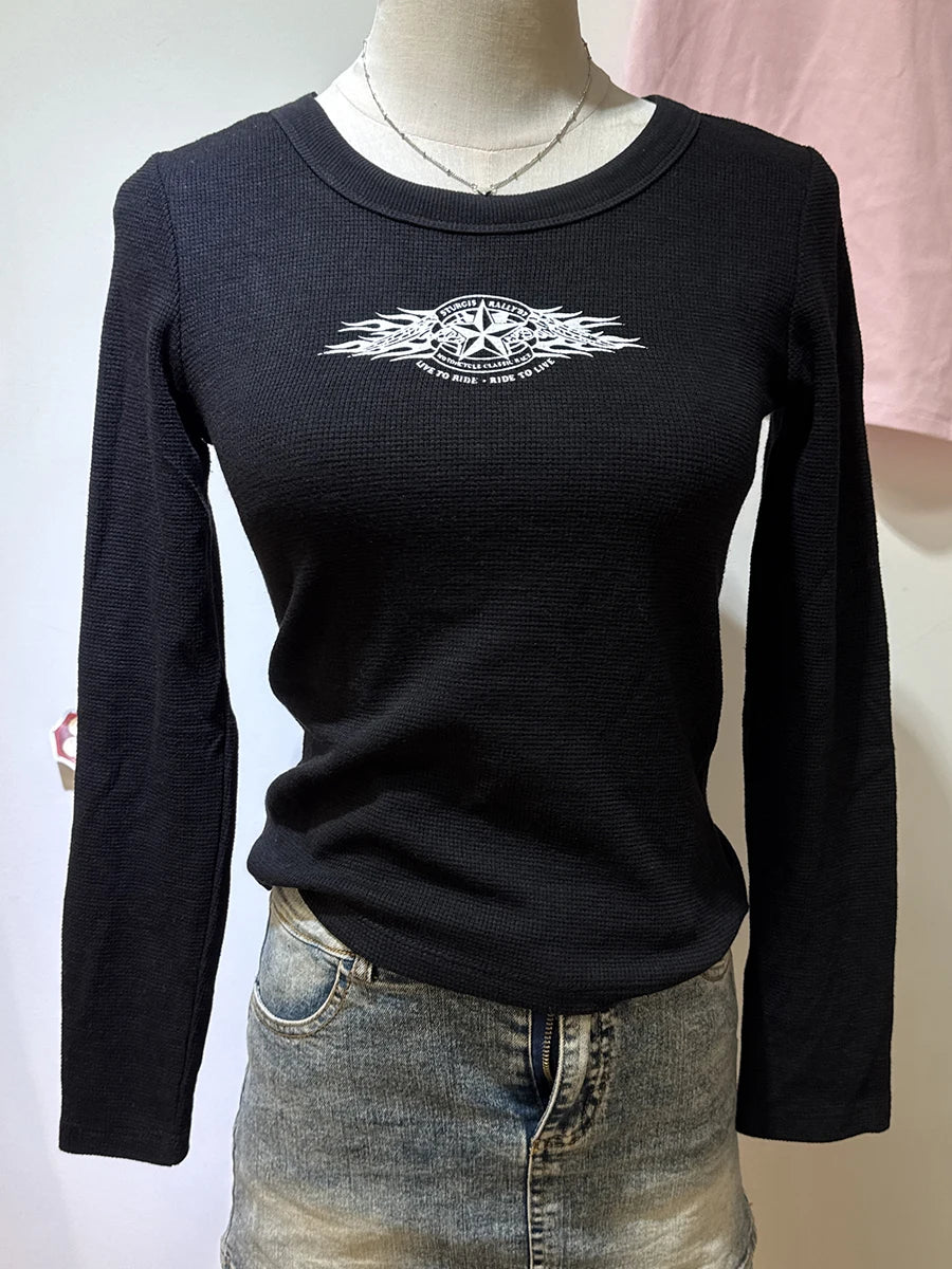 Waffle Letter Print T-shirts Women Autumn Casual Harajuku O-neck Slim Long Sleeve Tees Vintage Preppy Style Y2K Tshirts