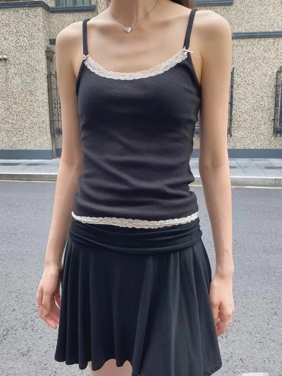 Lace Trim Four Buttons Slim Tank Top Woman Summer V-neck Sleeveless Cotton White Simple Vest Vintage Sweet Basic Camisole