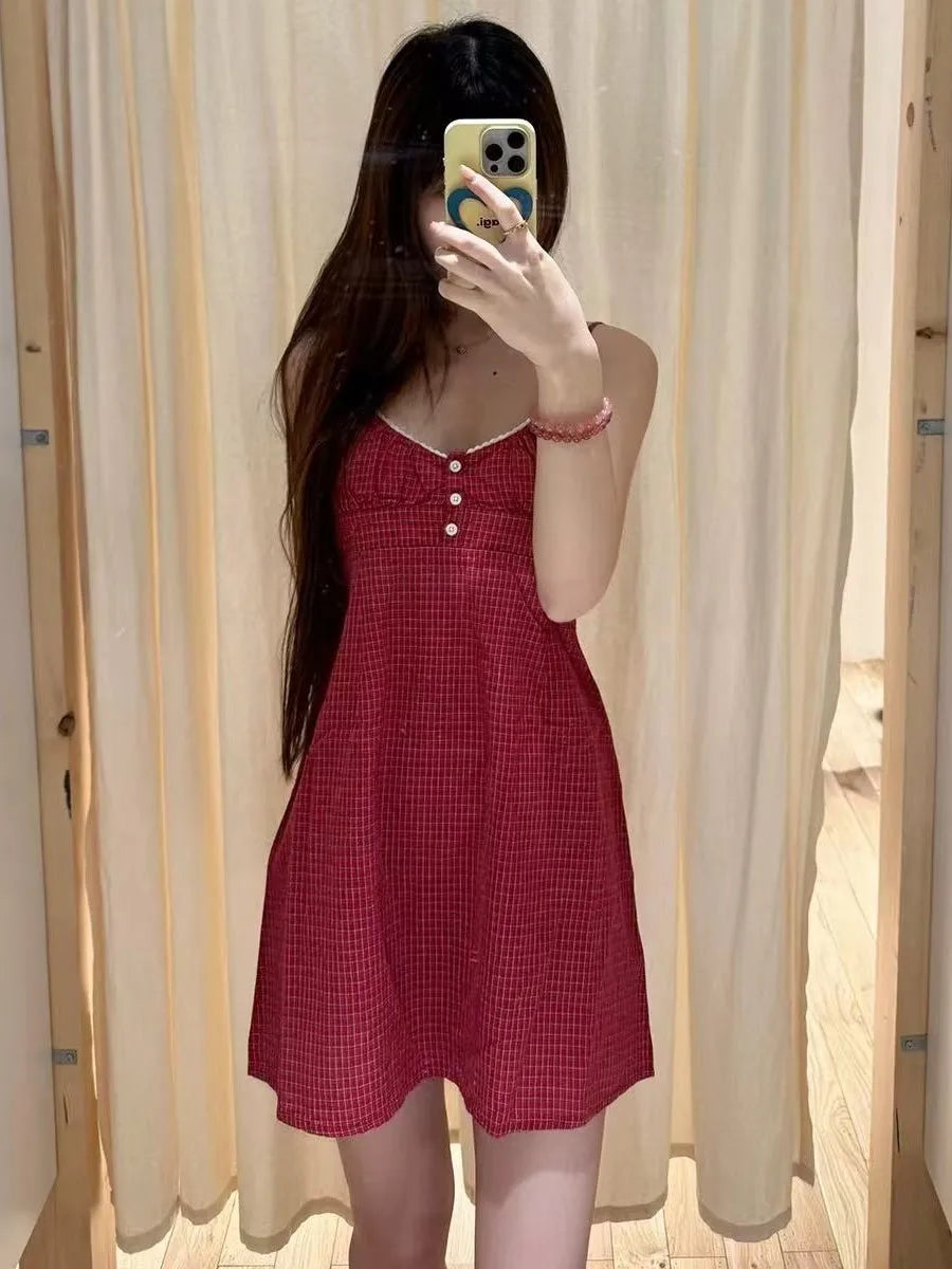 Red Plaid V-neck Mini Dress Women Summer Casual Buttons Lace Trim A-line Short Vestidos Vintage Sweet Preppy Style Y2K Dresses