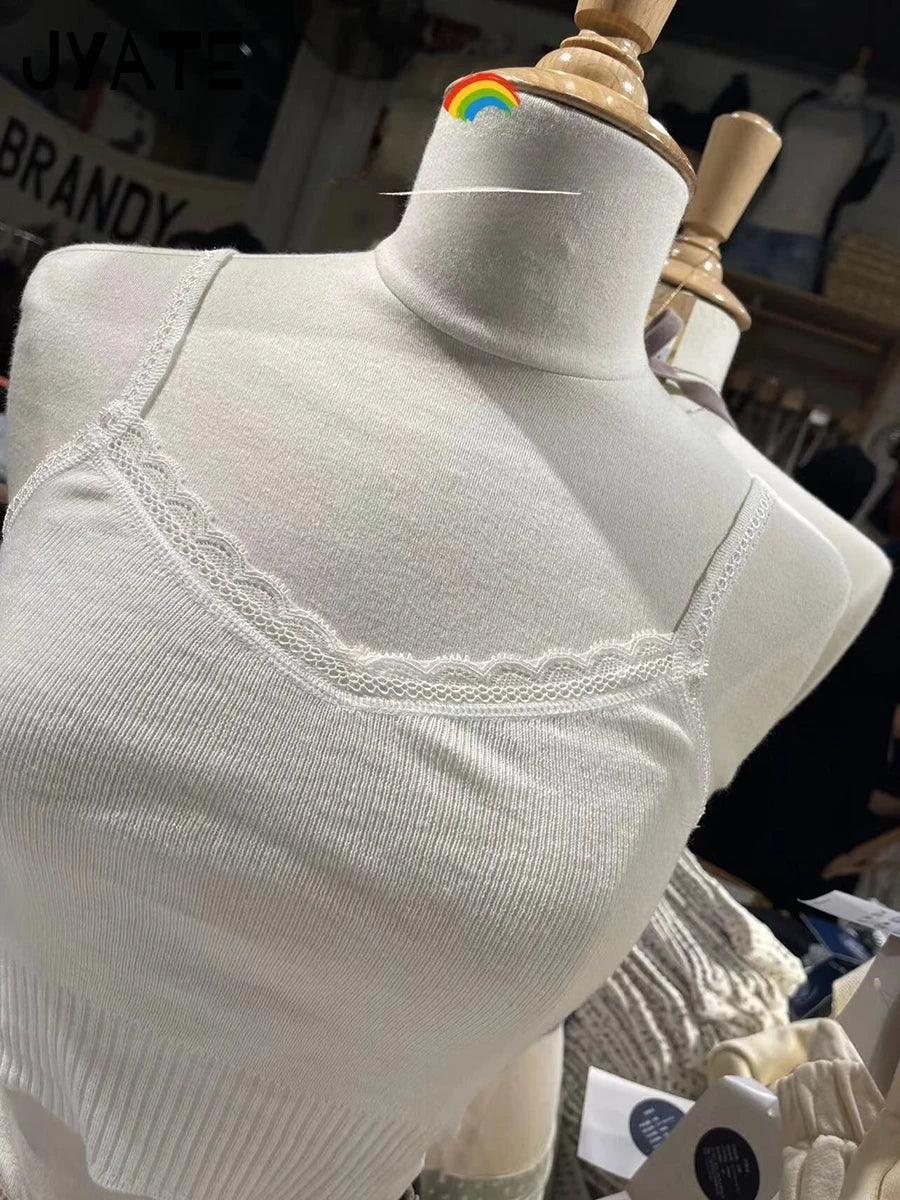 Sweet Lace Trim V-neck Knitted White Camisole Women New Cotton Casual Simple Sleeveless Vests Cute Slim Vintage Cropped Tops Y2K