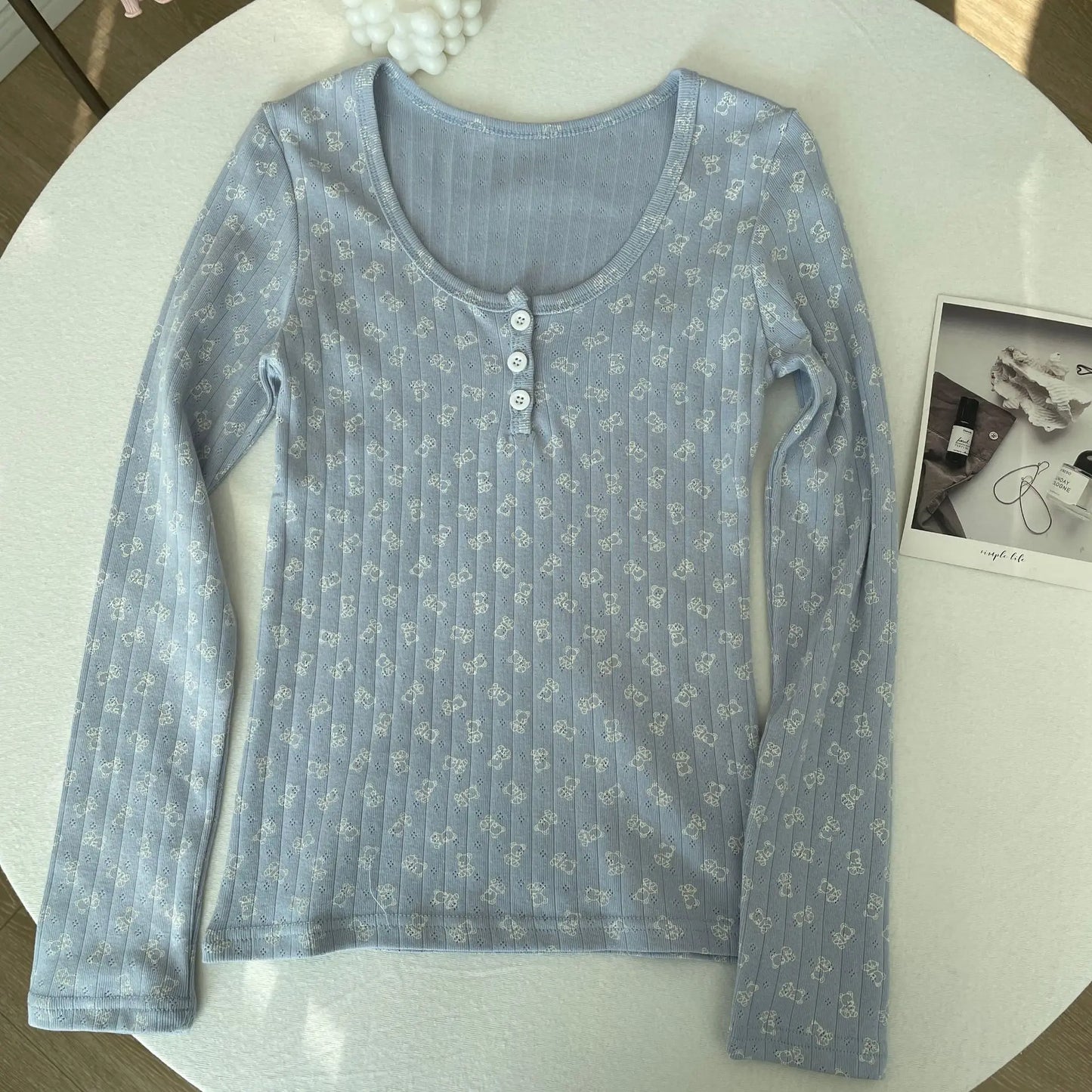 Cute Bear Print Buttons Long Sleeve Tees Women Autumn New Casual Slim Preppy Style Top Shirts Sweet Vintage Pajama T-shirts Y2K
