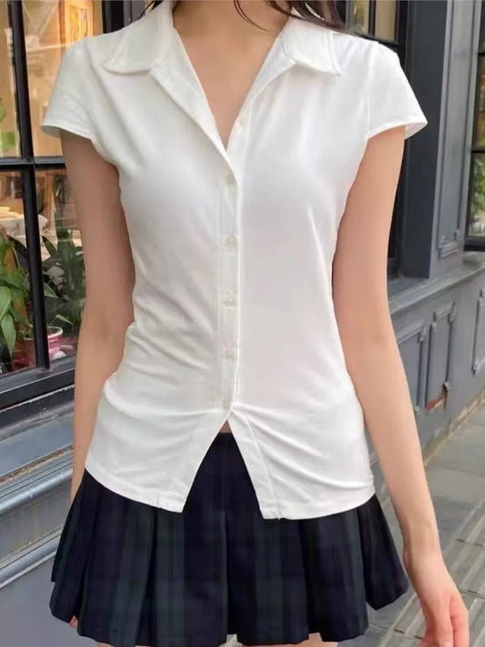 White Buttons Short Sleeve Tees Women Summer Cotton Soft Turn Down Collar Preppy Style Tops Blouse Sweet Chic All-match T-shirts