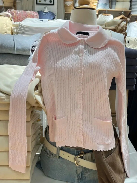Babydoll Collar Pink Twist Cardigan Women Autumn New Lace Trim Cotton Buttons Knitted Jumper Sweet Cute Preppy Style Sweater Y2K