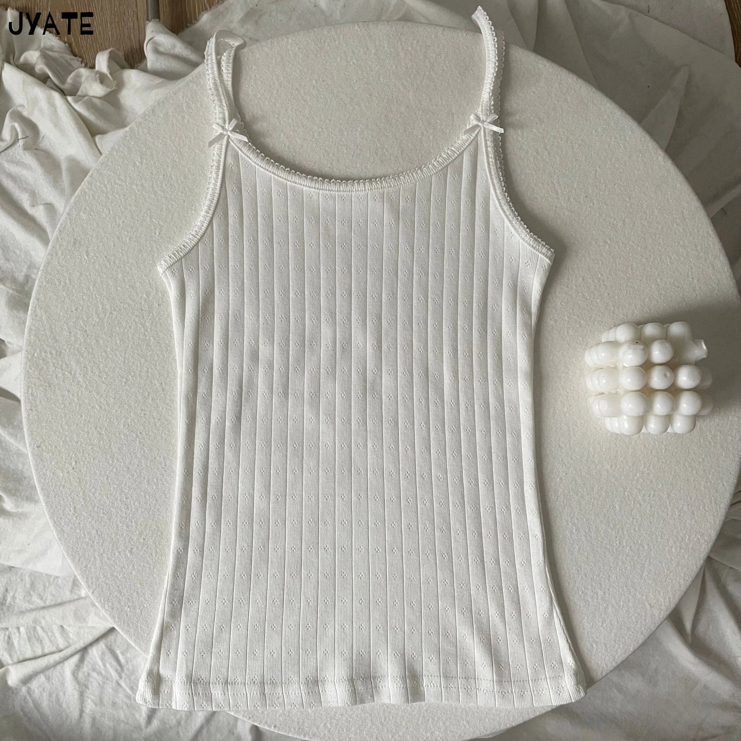 Sweet Lace Trim Eyelet Bow Tank Tops Women Cotton Soft Casual Solid Slim Basic Sleeveless Vests Cute Preppy Style Camisole Y2K