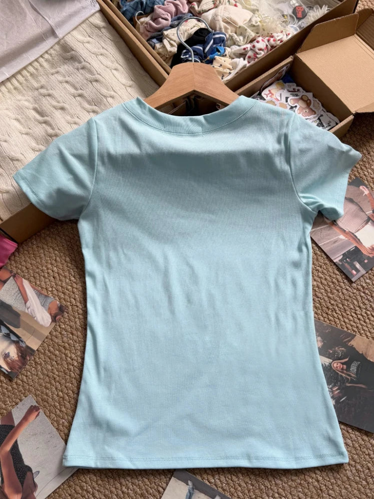 Light Blue Slim Basic T-shirts Woman Summer O-neck Short Sleeve Cotton Tee Shirts Solid Simple Casual All-match Tshirt Tops