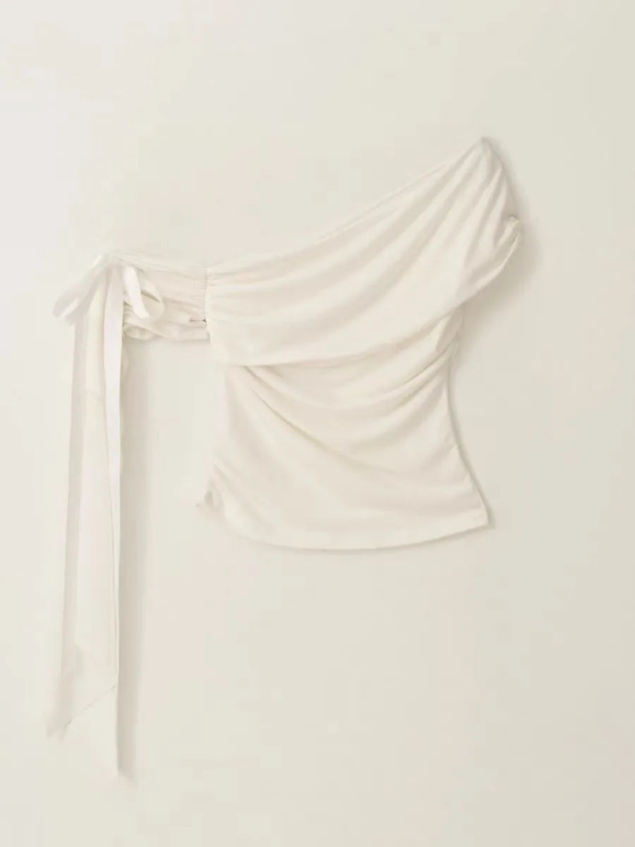 White Strap Irregular Short Sleeve Tee Women Summer New Slim Slash Neck Pleated Arm Tshirt Tops Elegant Chic Sweet T-shirts OOTD