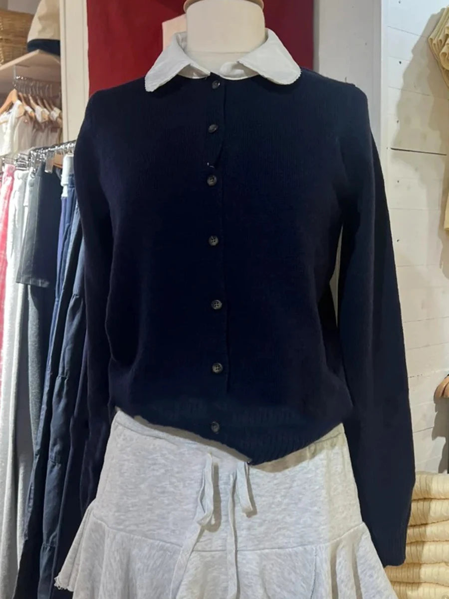 Babydoll Top Navy Cardigan Women Autumn New Lace Trim Collar Cotton Buttons Knitted Jumper Sweet Cute Preppy Style Sweater Y2K