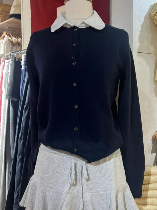 Babydoll Top Navy Cardigan Women Autumn New Lace Trim Collar Cotton Buttons Knitted Jumper Sweet Cute Preppy Style Sweater Y2K