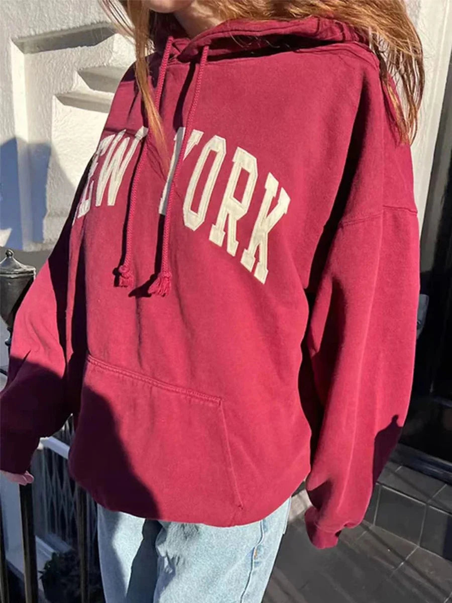 Chic Letter Embroidery Loose Hoodie Women Cotton Casual Streetwear Pocket Drawstring Pullover Top Vintage Sweet Y2K Sweatshirts