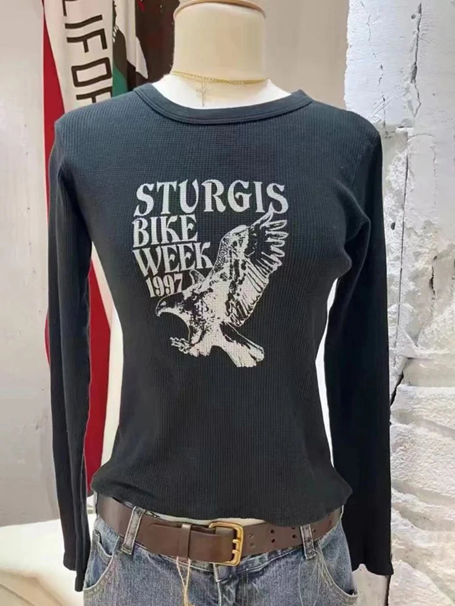New Letter Print O-neck Long Sleeve Tees Women Spring Casual Harajuku Cotton Slim T Shirt Top Vintage Preppy Style T-shirts Y2K
