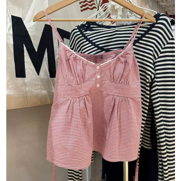 Pink Plaid Back Lace-up Camisole Summer Women New Sexy Cotton Button Lace Trim Slim Tank Tops Vintage Sweet Chic Vests Y2K OOTD