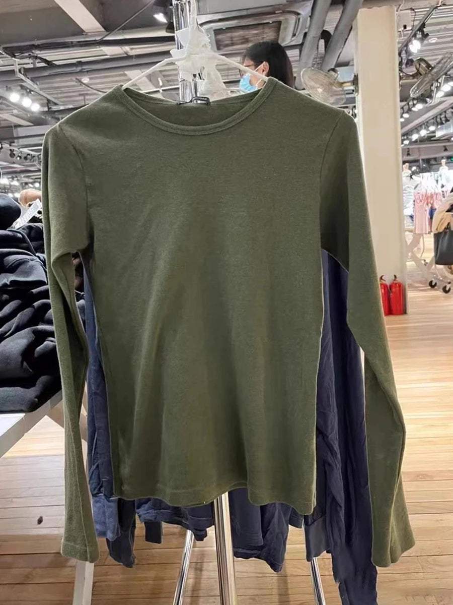 Army Green Long Sleeve Tees Women Autumn Simple Chic O-neck Slim Cotton Basic Tee Clothes Streetwear Vintage Casual T-shirts Y2K
