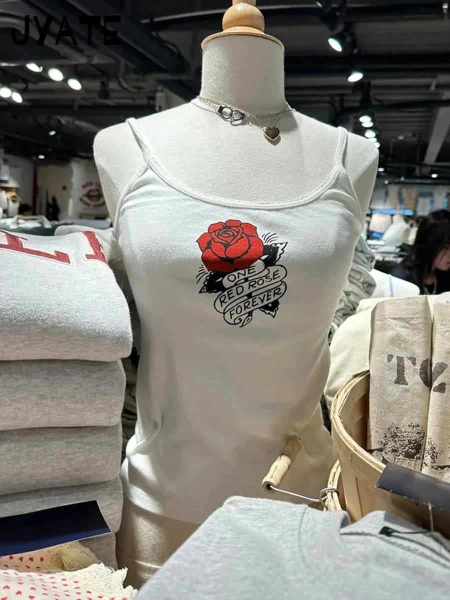 Sweet Rose Print Cotton Soft Tank Tops Women Summer New Casual Streetwear Sleeveless Slim Vests Vintage Chic Cute Camisole Y2K