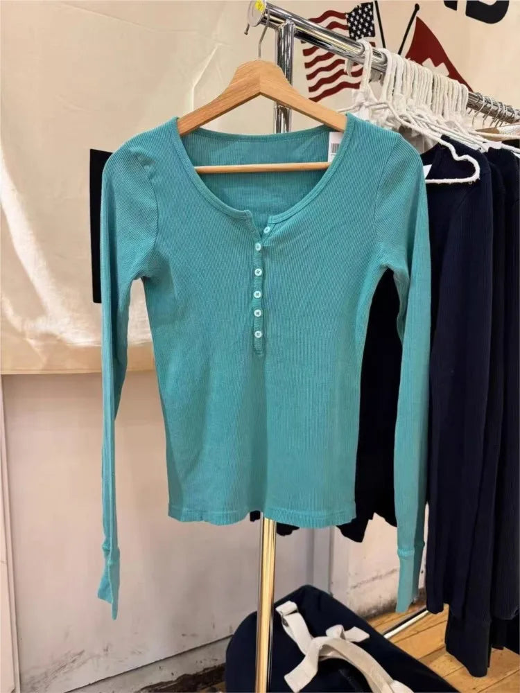 Green Vintage Ribbed Long Sleeve Tee Women's Autumn Six Button Cotton Casual Patchwork Slim T-Shirts Simple Chic Streetwear Tops
