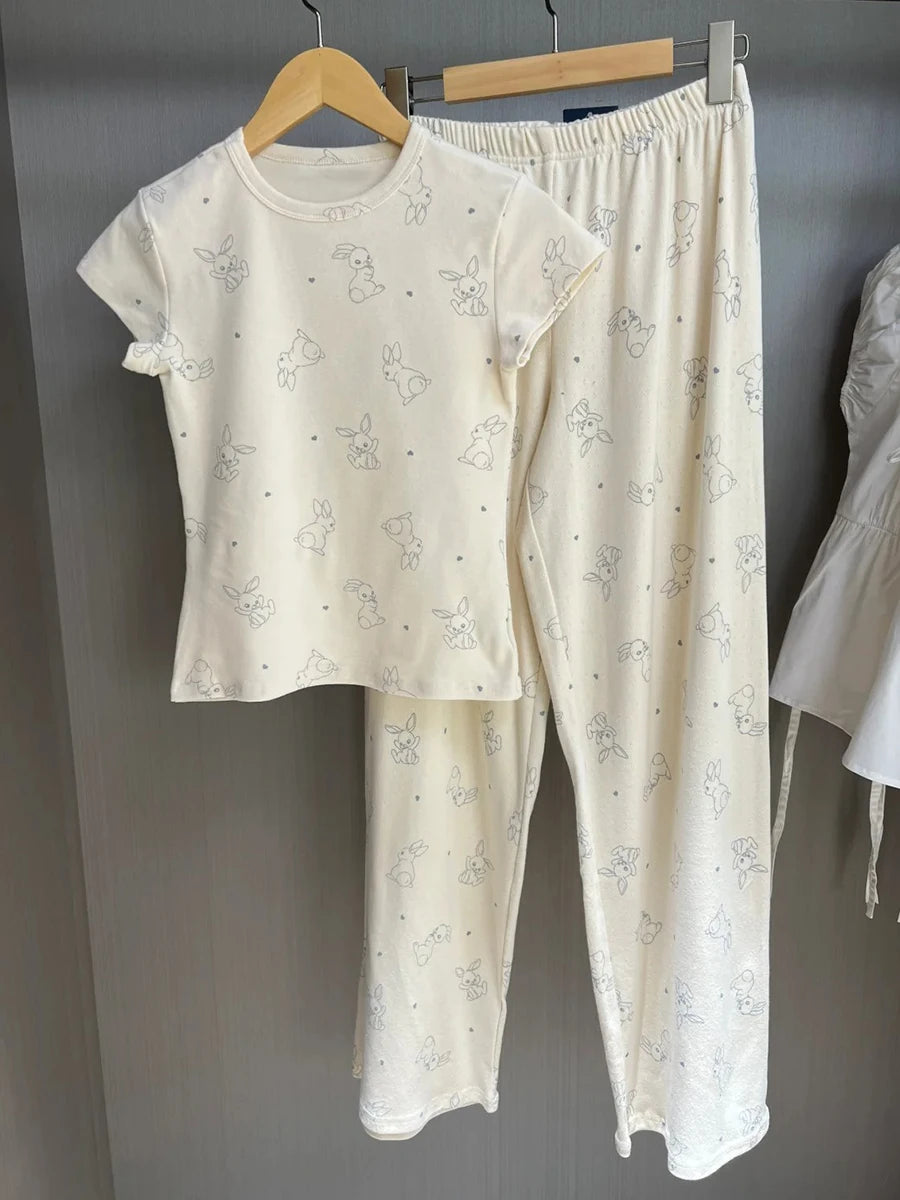 Rabbit Print T-shirts+Eyelet Long Pant Women Summer New Cute Cotton Casual Pajama 2 Piece Set Sweet Vintage Trouser Two Sets Y2K