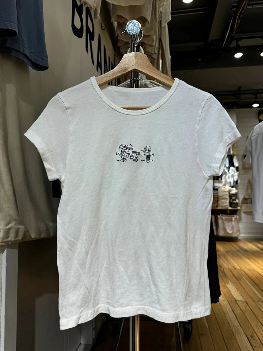Vintage Red Letter Flag Embroidery Cotton T-shirt Women O-neck Summer Short Sleeve Tee Shirt American Slim Casual Crop Y2K Top