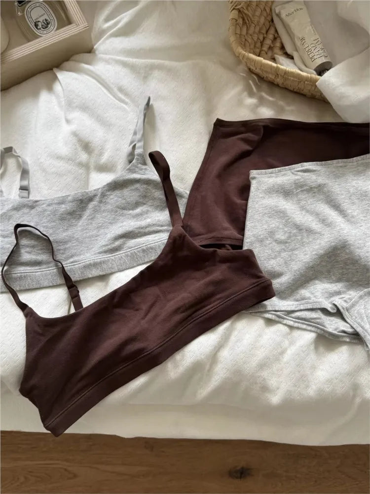 Simple High Elasticity Lingerie Sport Set Women Casual Cotton Adjustable-strap Seamless Bras+Low Waist Boxer Chic Briefs Sets