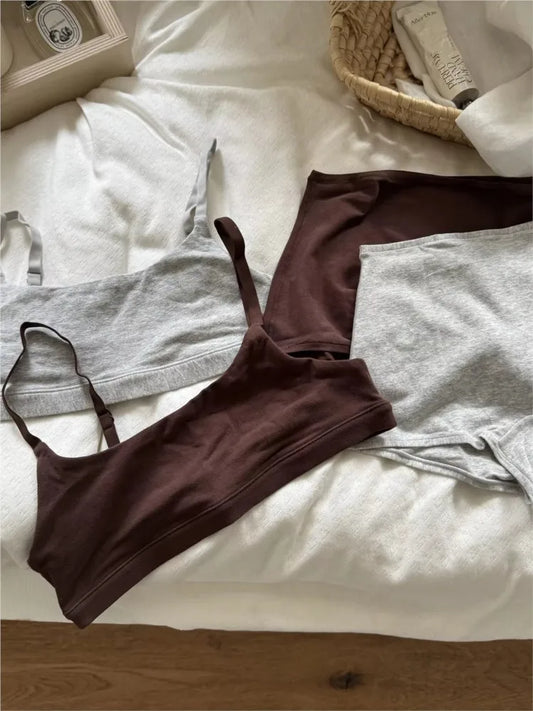 Simple High Elasticity Lingerie Sport Set Women Casual Cotton Adjustable-strap Seamless Bras+Low Waist Boxer Chic Briefs Sets