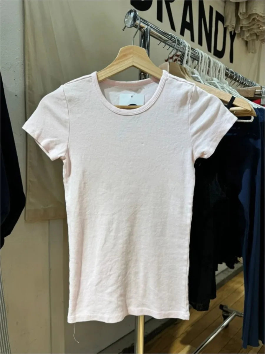 Pink Sweet V-neck Cotton Short Sleeve Tee Women New Casual Simple Preppy Style Slim Tops Clothes Vintage Sweet Chic T-shirt Y2K