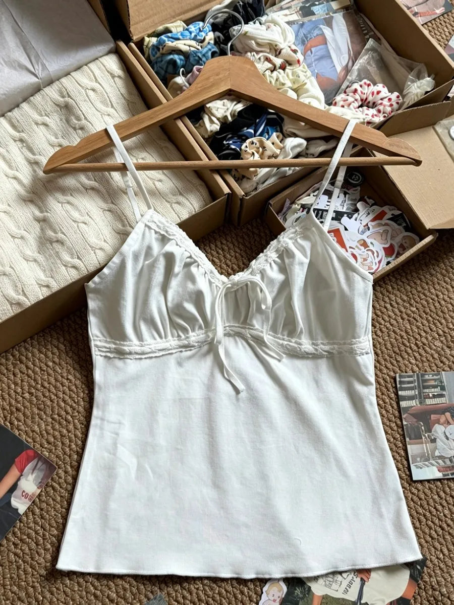 Solid Lace Trim V-neck Tank Tops Women Summer Casual Simple Lace-up Cotton Slim Sleeveless Vests Sweet Cute Elegant Camisole Y2K