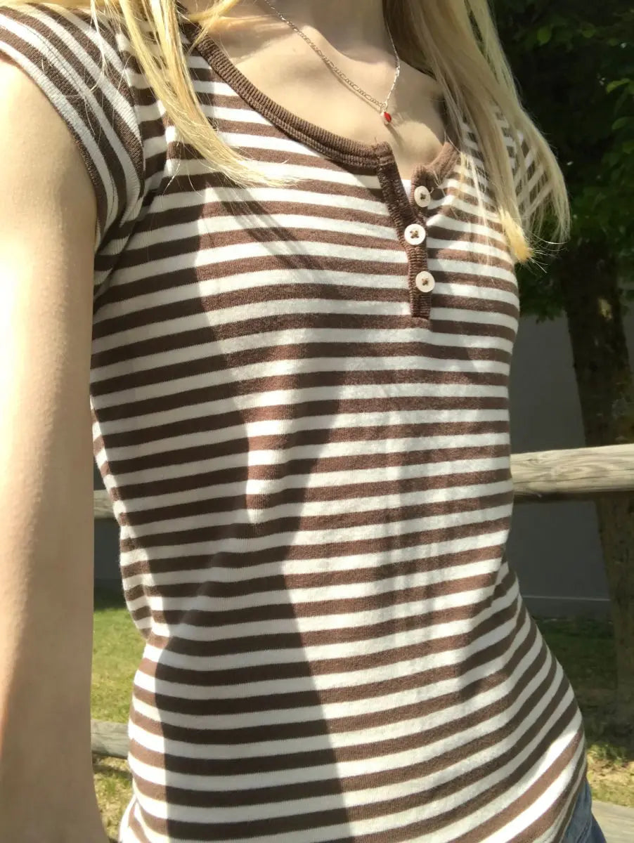 Brown Striped T-shirts Women Spring Casual Preppy Style Cotton Buttons Slim Crop Tops Sweet Cute Vintage tshirt Y2K