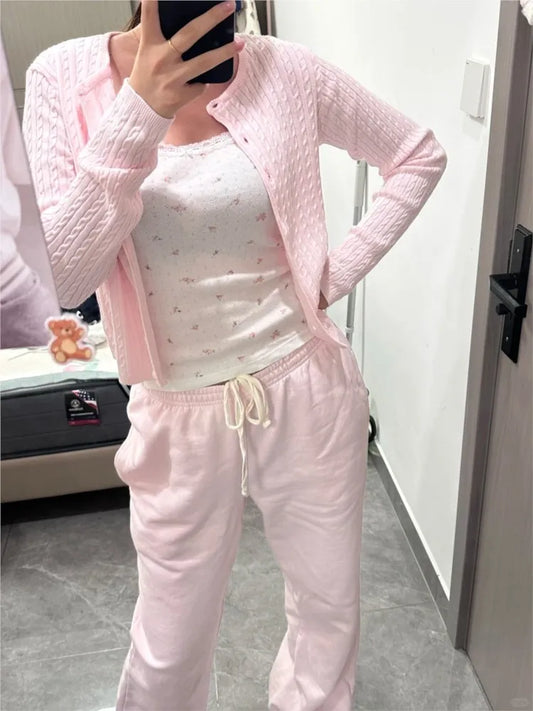 Sweet Pink Twist Flower Sweater Cardigan Woman Autumn O-neck Single Breasted Long Sleeve Crop Top Cotton Cute Chic Knitwear Tops