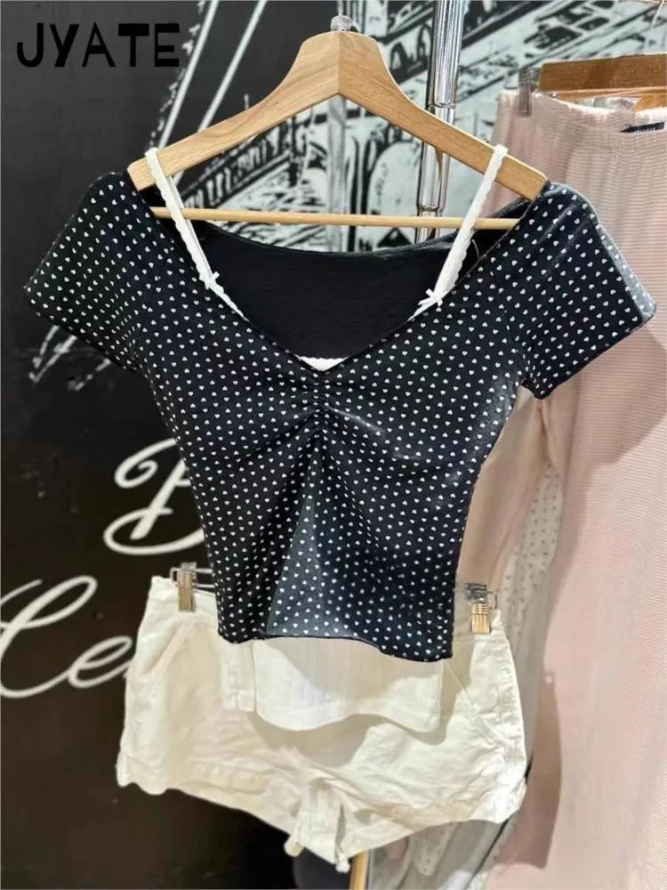 Harajuku Heart Print V-neck Short Sleeve Tees Female New Cotton Folds Chic Slim Sexy Crop Tops Vintage Sweet Cute T-shirts Y2K