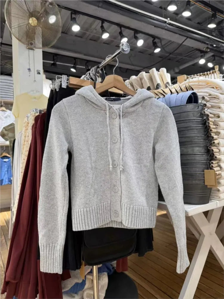 Autumn Gray Cotton Crop Sweater Cardigan Women Buttons Slim Hooded Long Sleeve Knitted Hoodie Cute Preppy Style Sweet Sweaters