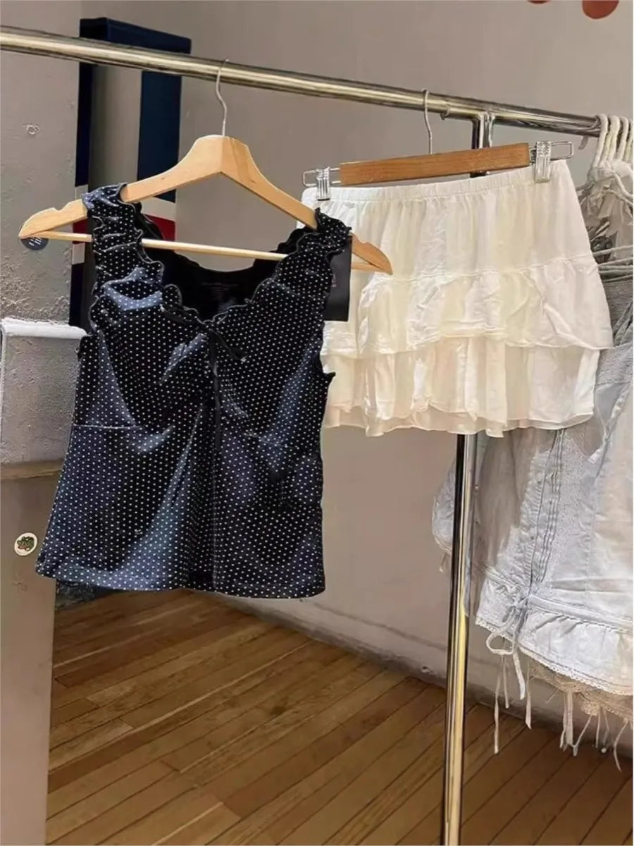 Black Folds Polka Dot Harajuku Tank Top Woman Summer New Sweet Bow V-neck Cotton Slim Camisole Vintage Simple Crop Top Vest Y2K