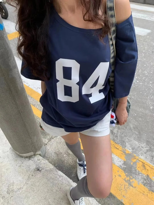 NO.84 Print Slash Neck T-shirts Women Summer New Sexy Cotton Slim Short Sleeve Tees Vintage Sweet Preppy Style Tshirt Y2K Tops
