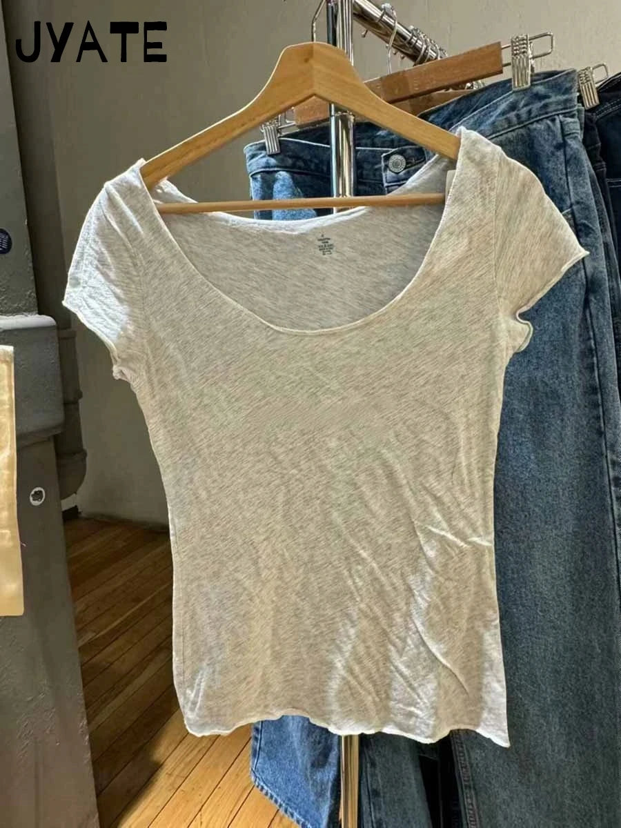 Simple Raw Hem Crew Neck Short Sleeve Tees Women Casual Cotton Soft Thin Sexy Chic Basic Tops Streetwear Vintage Sweet T-shirts