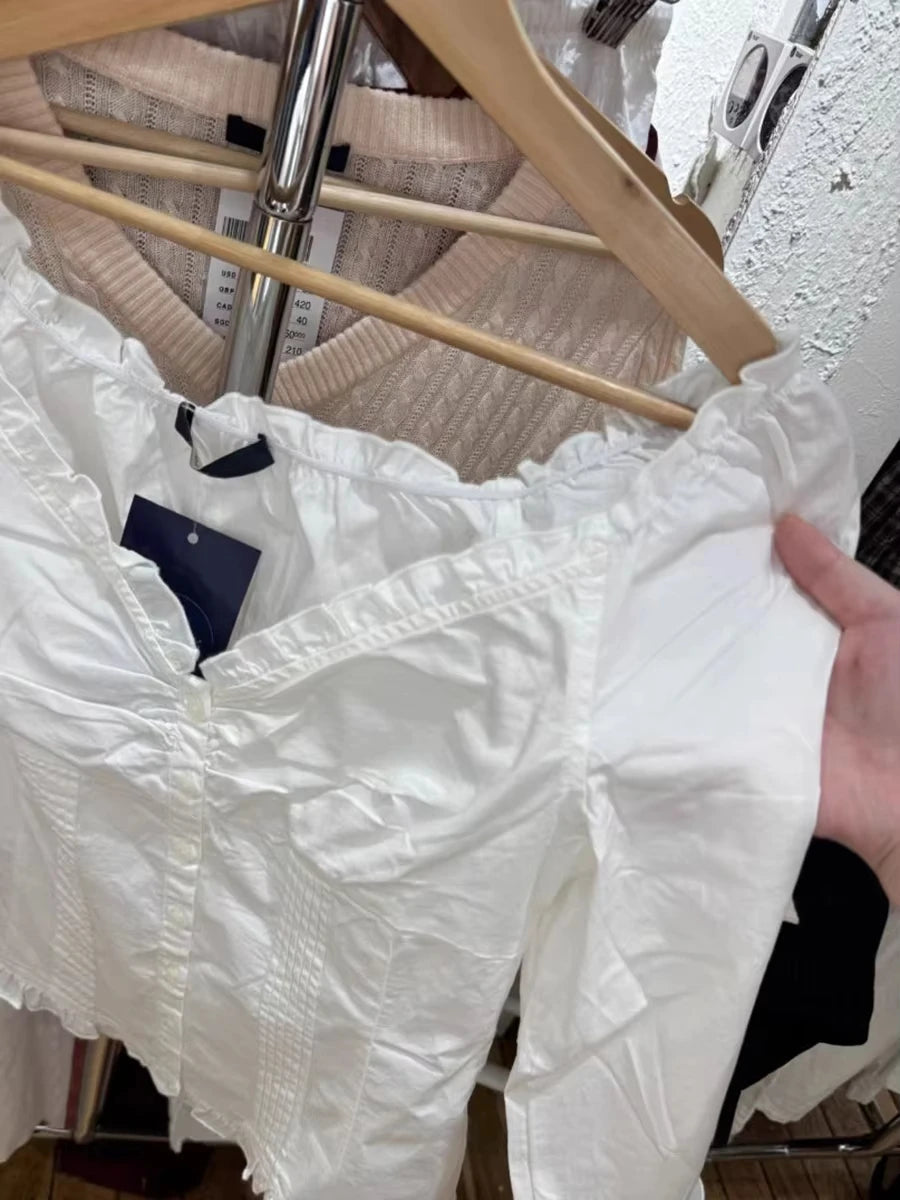 Sweet White Ruffles Button T-Shirt Blouse Women Summer Sexy V-neck Lace Trim Single Breasted  Half Sleeve Tees Simple T-shirts