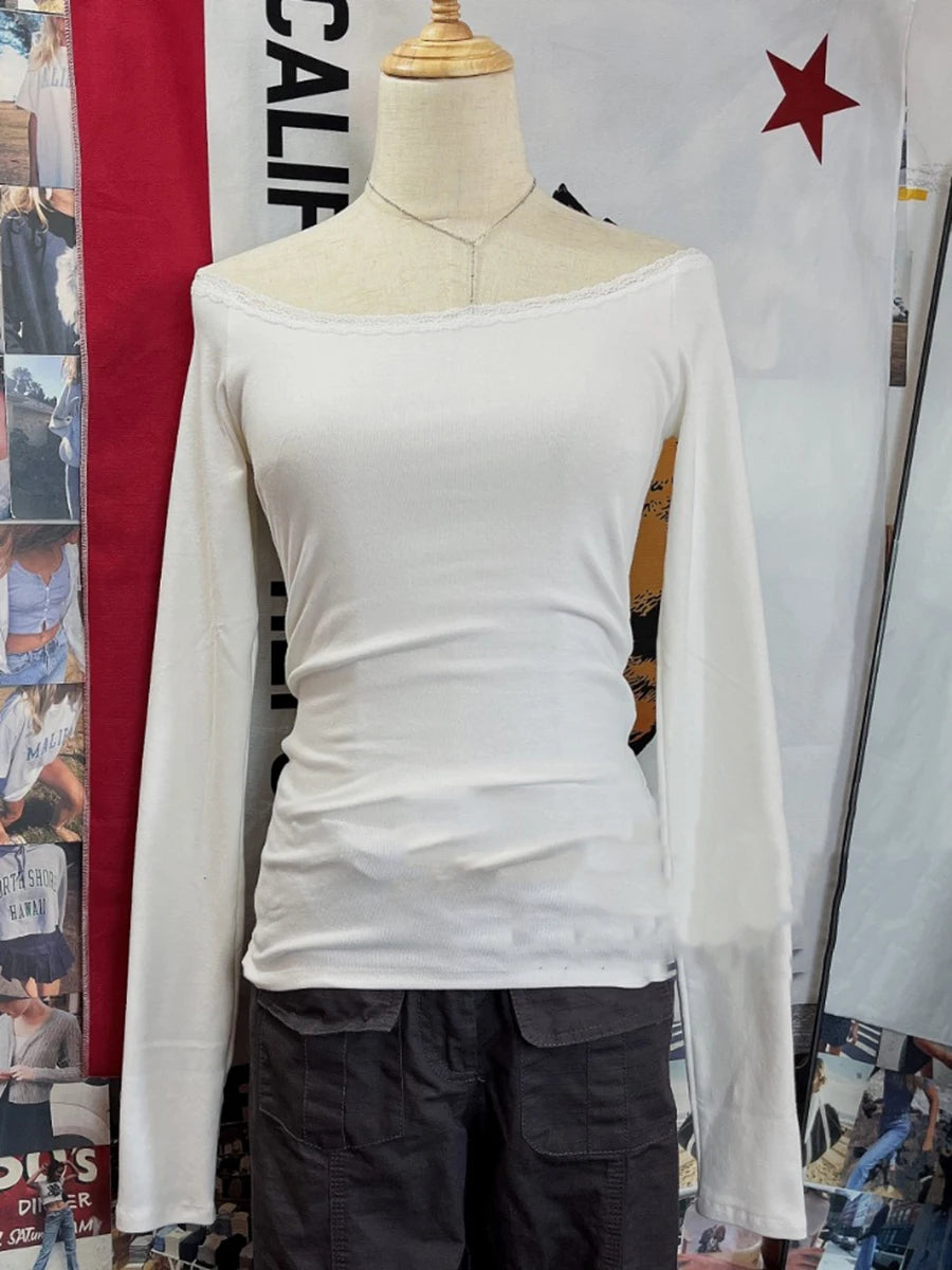 Simple Lace Trim White Long Sleeve T-shirt Women Autumn Sexy V-neck Cotton Slim Tees Casual Vintage Sweet Basic Tshirt Y2K Tops